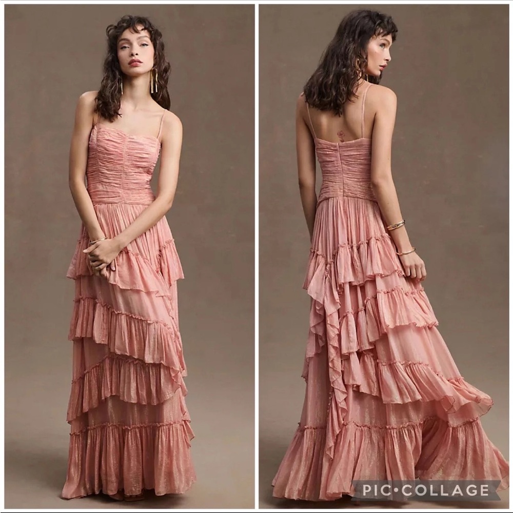 Sz 10 BHLDN Jessa Asymmetrical Ruffled Drop-Waist Gown Anthropologie NWT